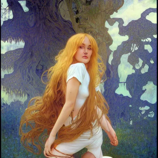 Image similar to A young woman with blonde long hair and bangs in shorts and white shirt drawn by Donato Giancola and Julie Bell, frank frazetta, alphonse mucha, background by James Jean and gustav klimt, 4k, volumetric lighting, french nouveau, trending on artstation, octane render, hyperrealistic