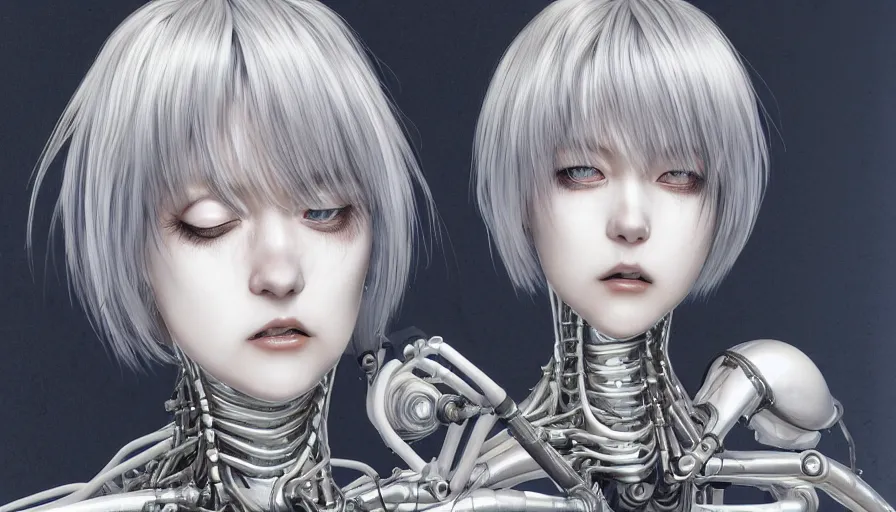 Image similar to rei ayanami by Yoshitaka Amano, by HR Giger, biomechanical, profile portrait, wide ayes, hyper detailed, hyperrealism, anime, deviantart, artstation, hadron antimatter vacuum reactor, Photorealistic, 4k, God rays, Highly detailed, VRay Rendering, Unreal Engine