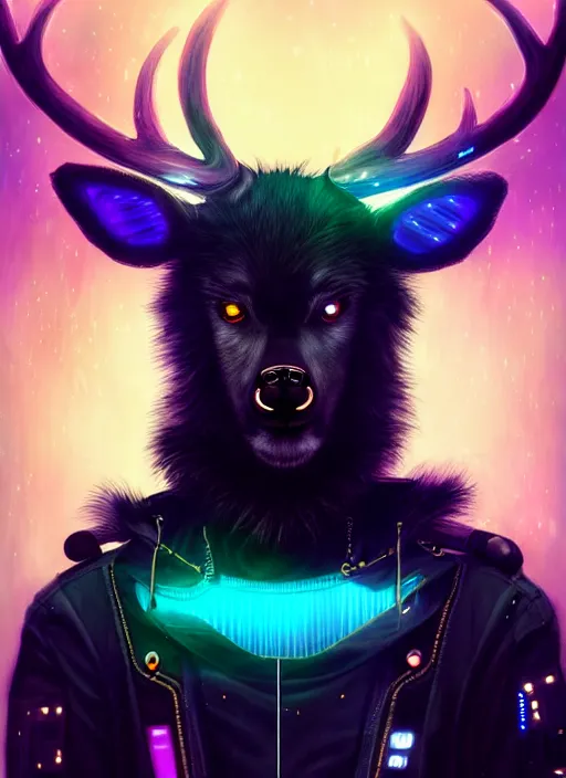 Image similar to award winning beautiful portrait commission of a male furry anthro Black Reindeer cyberpunk fursona with a tail, wings, wings, wings and a cute beautiful attractive detailed furry face wearing stylish black and rainbow galaxy clothes, outline, in a cyberpunk city at night while it rains. Character design by charlie bowater, ross tran, artgerm, and makoto shinkai, detailed, inked, western comic book art