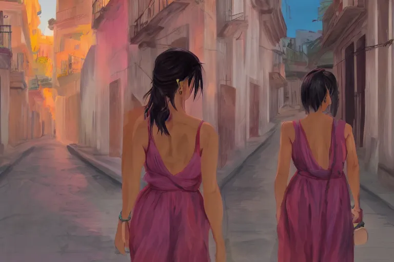 Image similar to concept art, cuban woman in havana, from behind, digital anime art, good lighting,