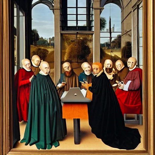 Prompt: A group of people on their smartphones, in the style of Jan van Eyck