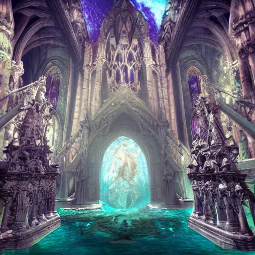 Image similar to an intricate photograph of an underwater gothic cathedral at the bottom of the ocean surrounded by mermaids by david lachapelle, francisco goya, william blake, dark and scary abyssal ambient, photorealistic, octane render, unreal engine, 4 k, smooth zenithal lighting, subaquatic photography,