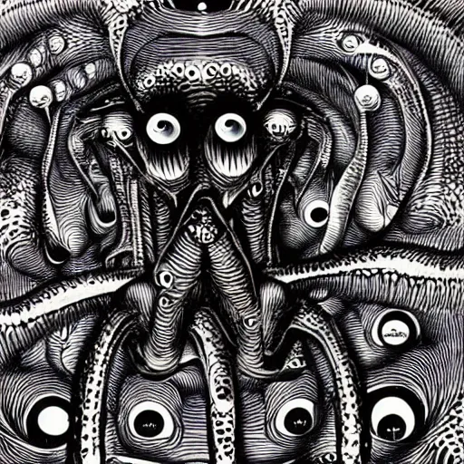 Prompt: eldritch frog abomination of unimaginable horror by h. r. giger and junji ito, speculative evolution, op art with big bold patterns