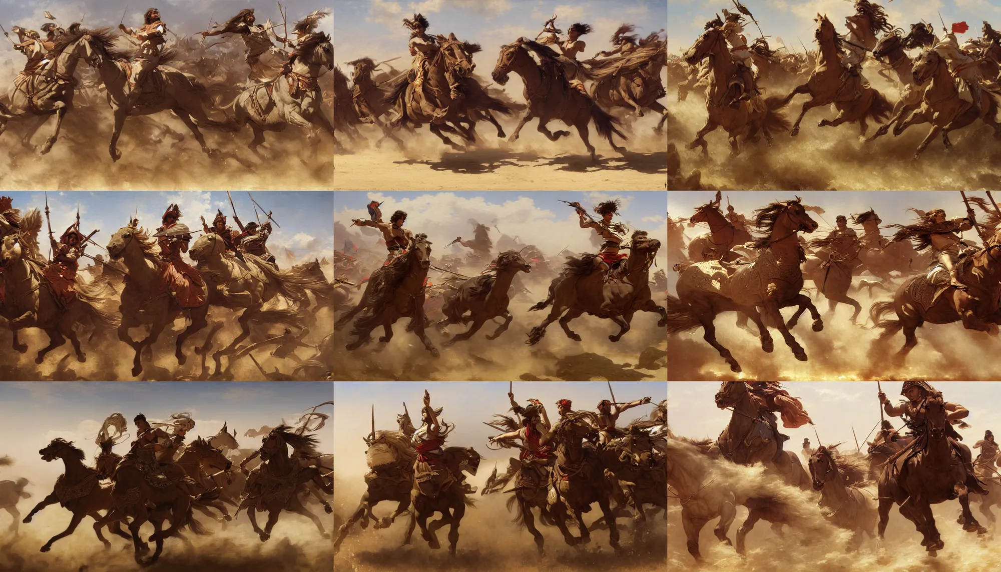 Prompt: cavalry charge against assyrian chariots, african steppe, intricate, elegant, highly detailed, digital painting, artstation, concept art, smooth, sharp focus, illustration, orientalism, bouguereau, rutkowski, mucha