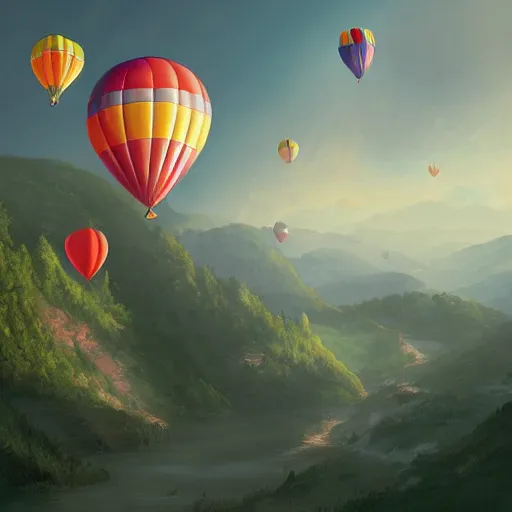 Image similar to digital art of plenty of giant birthday balloons floating above a beautiful landscape. artstation cgsociety masterpiece