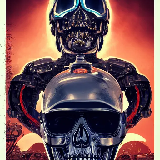 Image similar to a portrait of an cyborg vintage skull in a racing helmet by sandra chevrier, detailed render, epic composition, cybernetics, 4 k realistic, cryengine, realistic shaded lighting, sharp focus, masterpiece, by matteo scalera, gary montalbano, peter elson in the style of the tokyo ghost comic