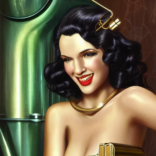 Prompt: beautiful woman with long wavy curly black hair and green eyes, wearing a cocktail dress, smiling coldly. she is in the bar of the atlantis paradise, a retro futuristic spaceship made of brass bronze gold, art deco influence, hotel style design. bioshock, starship titanic. clean, well composed painting by artgerm and greg rutkowski.