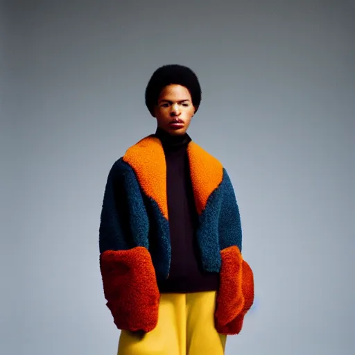 Image similar to realistic photoshooting for a new balenciaga lookbook, color film photography, portrait of a beautiful woman, model wearing a sherpa jacket, by photo in style of Tyler Mitchell, 35mm,