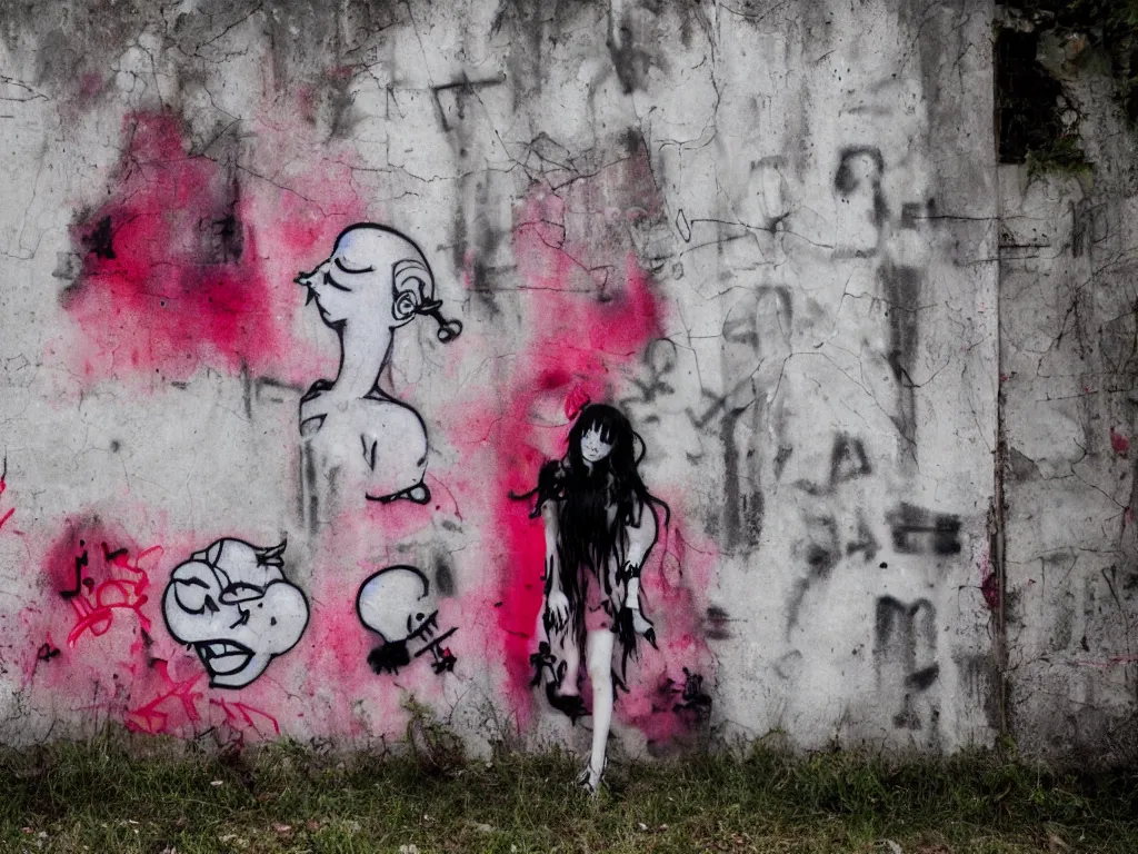 Image similar to graffiti in an abandoned graveyard, cute fumo plush gothic black enigmatic maiden girl painted in spilt red ink and washed watercolor, avant garde pop art, filmic, daylight, captured on canon eos r 6