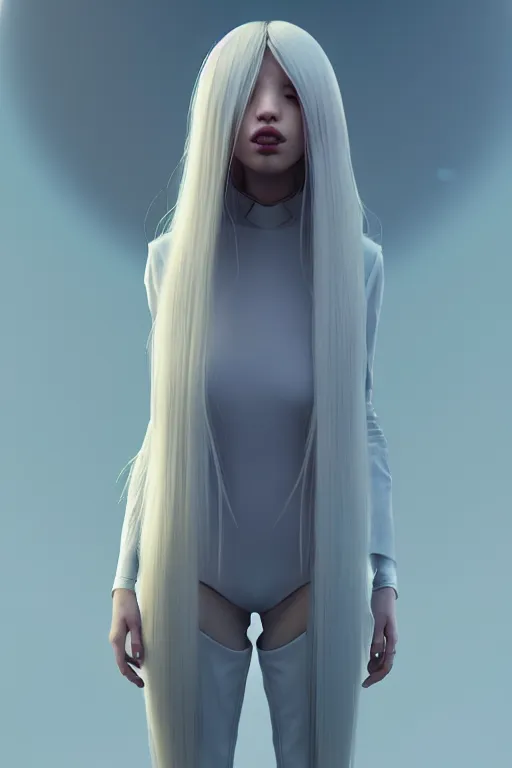 Prompt: upright and straight girl, bae suzy, scifi, futuristic design, full body model, long white hair, character design, cinematic lighting, highly detailed, by beeple, goro fujita, smooth gradient.
