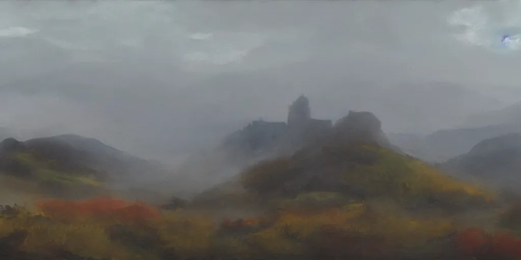 Image similar to painting of rocky highlands covered in mist with a ruined castle in the far distance, overcast sky, muted colors