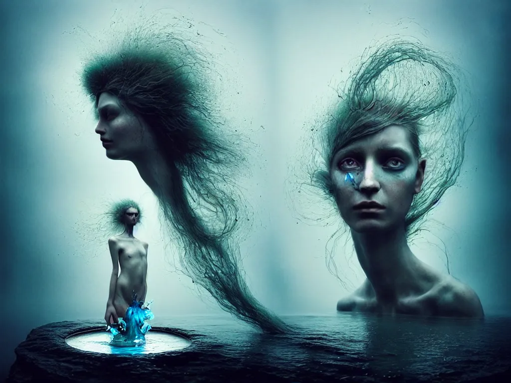 Image similar to kodak portra 4 0 0 fine art portrait by paolo roversi of a dystopian woman hybrid fluid water statue in a scenic dystopian environment, vortex hair floating in air, dreamy intricate, elegant, highly detailed, digital art, artstation, smooth, sharp focus, tomasz alen kopera, peter mohrbacher, donato giancola, dreamy colors
