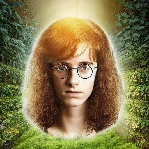 Image similar to hair made of leaves human head in the porcelain pot, Harry Potter, roots, herbology, on the table in greenhouse, in the ray of sunshine, digital art, sharp focus, high detailed, calm, warm lighting, sparkles, by Rutkowsky,