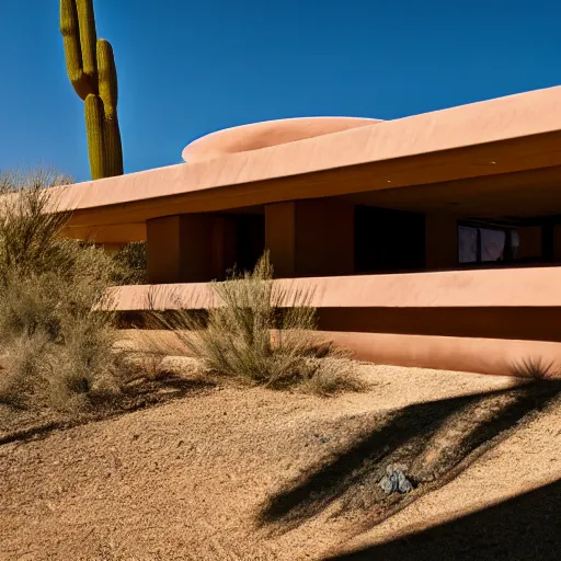 Image similar to A house designed by Frank Lloyd Wright in the middle of the desert, photographed by Fernando Guerra, realistic, 4k, detailed