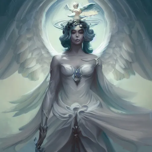 Image similar to a beautiful angel of shadows from angelarium, centered composition, by pete mohrbacher and artgerm and wlop, digital art, highly detailed, intricate, fantasy, mystical, ethereal, Trending on Artstation HQ, deviantart, unreal engine, 4K UHD image