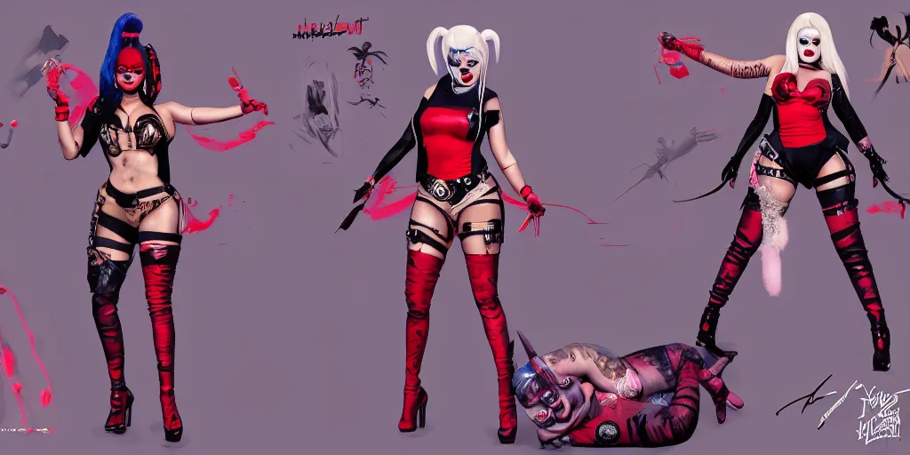 Image similar to nicki minaj as harley quinn, character sheet, concept design, contrast, hot toys, kim jung gi, greg rutkowski, zabrocki, karlkka, jayison devadas, trending on artstation, 8 k, ultra wide angle, pincushion lens effect