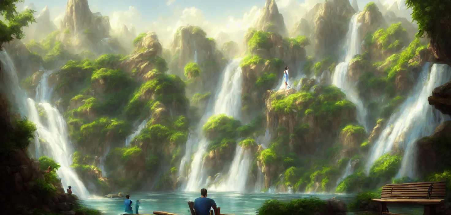 Image similar to a painting of a waterfall with a person sitting on a bench, a detailed matte painting by tyler edlin, artstation, fantasy art, matte painting, 2 d game art, deviantart hd