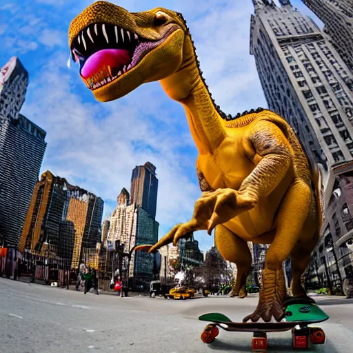 Prompt: dinosaur riding a skateboard, new york city, fisheye lens