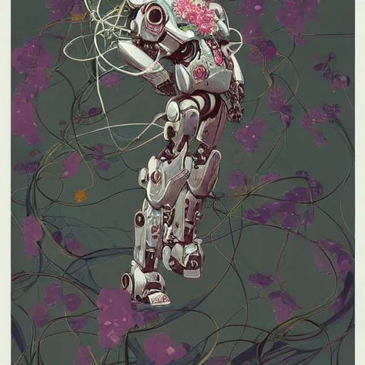 Image similar to mecha robot wrapped in flowers & vines, art by james jean & hsiao - ron cheng, colourful, sharp, detailed, digital painting, illustration, intricate detail, pinterest, behance, art station,