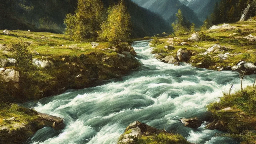 Prompt: High-Quality realist painting of a river crossing a valley in the Alps, peaceful, very detailed, dramatic lighting, digital art.