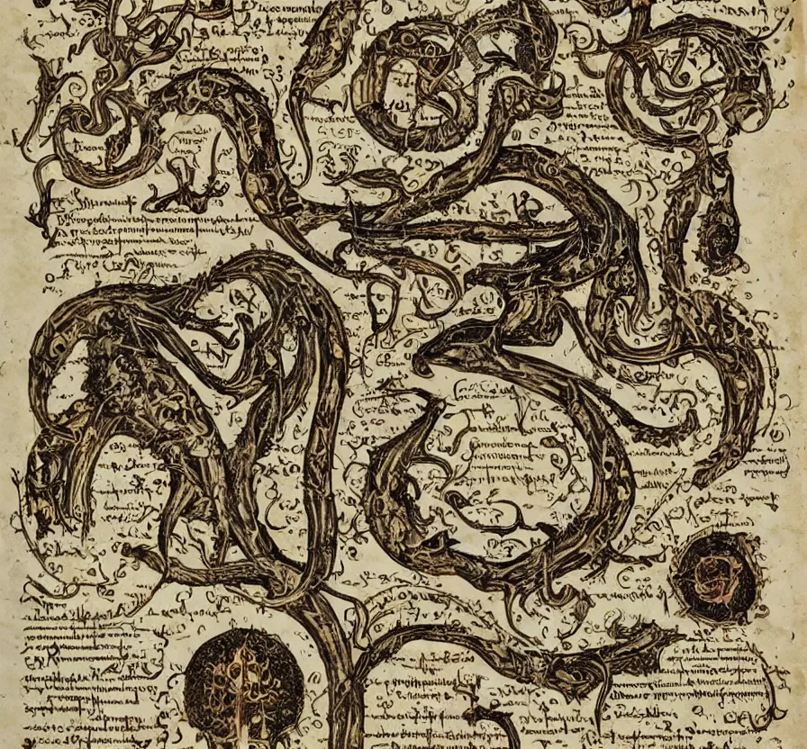 Prompt: estrange calligraphy, detailed, medieval, scary, stephen stark, high detail, dramatic, blood letter, infographic, textbook, specimens, hortorium, scientific study