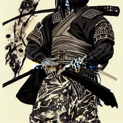 Image similar to silhouette of a heavily tattooed Kenshin the Samurai Warrior illustration, medium shot, intricate, elegant, highly detailed, digital art, ffffound, art by JC Leyendecker and sachin teng