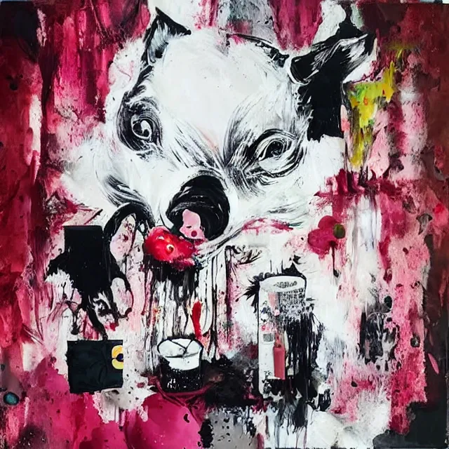 Image similar to “ a portrait in a female art student ’ s apartment, sensual, a pig theme, art supplies, paint tubes, ikebana, herbs, a candle dripping white wax, black walls, squashed berries, berry juice drips, acrylic and spray paint and oilstick on canvas, surrealism, neoexpressionism ”