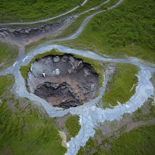 Prompt: aerial shot of permafrost sinkhole forming in siberia