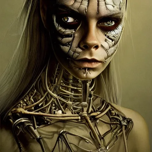 Image similar to Cara Delevigne is an unsettling scary terrifying bio mechanical cyborg post human, physically accurate, very dramatic dynamic lighting, intricate, very very elegant, highly detailed, digital painting, artstation, very hyperrealistic, very very very HR GIGER, very Bensinski, Hieronymus Bosch, Francis Bacon, concept art, smooth, sharp focus, illustration, art by artgerm and greg rutkowski and alphonse mucha