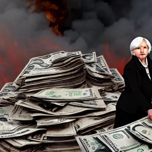 Image similar to Janet Yellen burning up pile of dollars