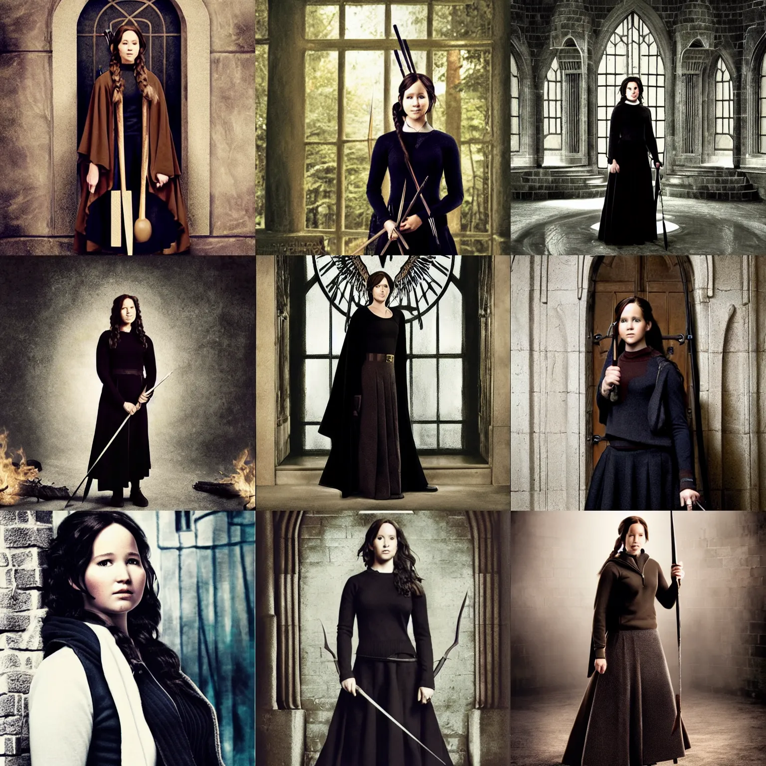 Prompt: ( katniss everdeen ) as a hermione granger, black wool sweater, cloak, skirt, holding wand, hogwarts great hall, photography by annie leibovitz