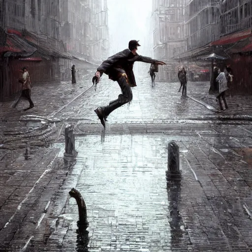 Image similar to a highly detailed epic cinematic concept art CG render digital painting artwork inspired by Henri Cartier-Bresson's Behind the Gare Saint-Lazare, man jumping over a puddle of water. By Greg Rutkowski, Ilya Kuvshinov, WLOP, Stanley Artgerm Lau, Ruan Jia and Fenghua Zhong, trending on ArtStation, made in Maya, Blender and Photoshop, octane render, excellent composition, cinematic atmosphere, dynamic dramatic cinematic lighting, aesthetic, very inspirational, arthouse
