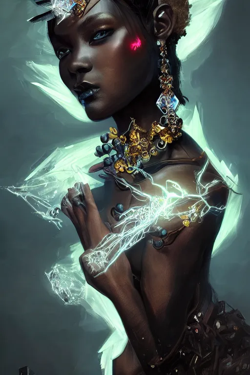 Image similar to beautiful black model face coveredd with diamonds wearing crystals, diamonds, angel, fantasy, dramatic lighting, highly detailed, digital painting, holding electricity, magic the gathering, hyper detailed, 3 d render, hyper realistic detailed portrait, peter mohrbacher, wlop, ruan jia