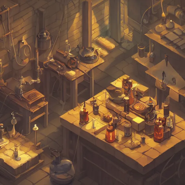 Prompt: an isometric digital painting of a cosy medieval alchemist's laboratory by yusuf artun, highly detailed, volumetric lighting, digital art, isometric, artstation hd