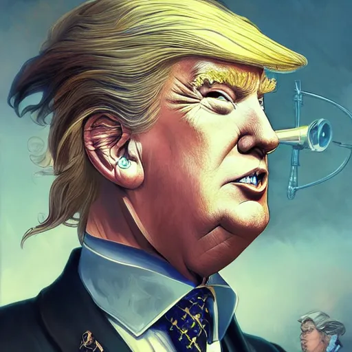 Prompt: donald trump as a steampunk cyborg, portrait, western, steampunk, duster, fantasy, intricate, elegant, highly detailed, digital painting, artstation, concept art, sharp focus, illustration, art by artgerm and greg rutkowski and alphonse mucha