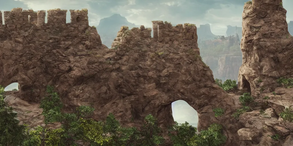 Image similar to Rocky arch connect two sides from left to right over the canyon, in the distance ancient castle with destroyed tower, highly detailed, matte painting, wide lens, overcast sky, ultra realistic, 4k, 8k resolution, trending on artstation, octane render, unreal engine.