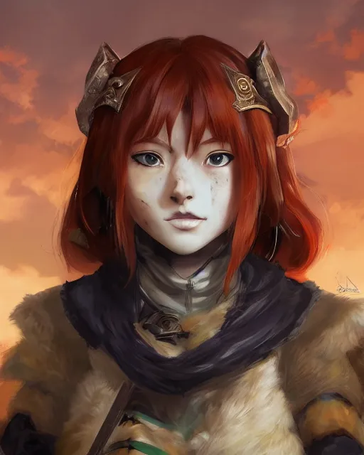 Prompt: An anime portrait of Ssunbiki as a ginger huntress with freckles from Skyrim, by Stanley Artgerm Lau, WLOP, Rossdraws, James Jean, Andrei Riabovitchev, Marc Simonetti, and Sakimichan, tranding on artstation, ultra realistic