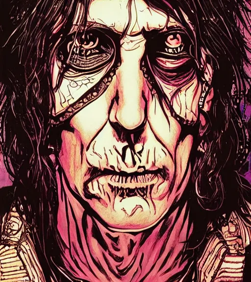 Image similar to a cyberpunk Alice Cooper detailed illustration, character portrait, by Martin Grip and Moebius