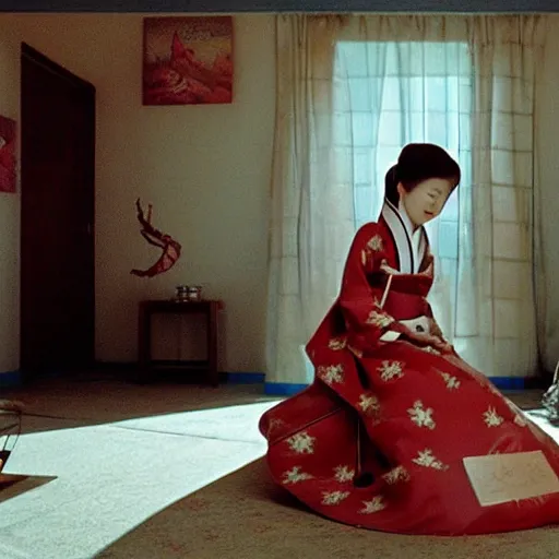 Image similar to woman in hanbok sitting on a couch, starfish monster's shadow is seen behind her, korean interior, cinematography by denis villeneuve and akira kurosawa and ishiro honda