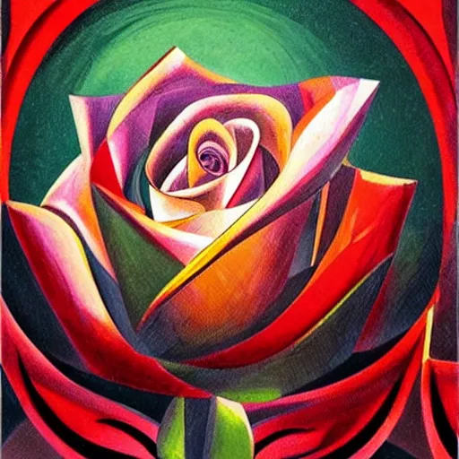 Image similar to an art deco painting of a rose, by joseph stella, synthwave, behance contest winner, crystal cubism, digital illustration