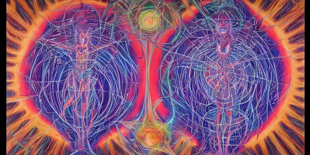Prompt: man burning from the inside out casts astral projections around his body by alex grey!!!!, cosmic, meridians