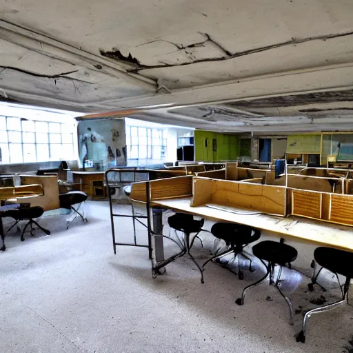 Image similar to wide angle shot of an abandoned computer lab from the 1 9 5 0 s