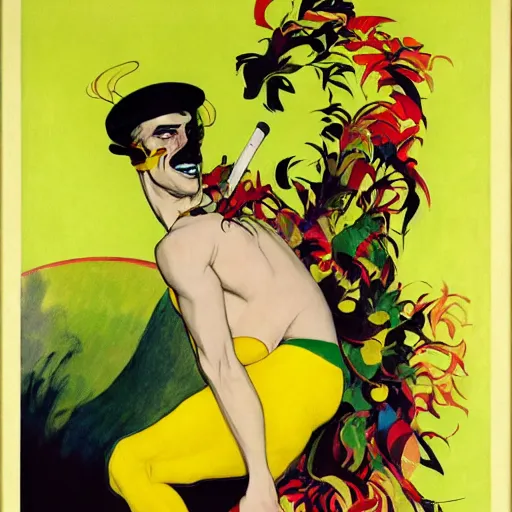 Image similar to art by joshua middleton, the yellow creeper, a tall manically smiling yellow - skinned man with green and black striped cycling shorts and wearing a long red feather boa, yellow makeup, mucha, kandinsky, poster, comic art, stylised design