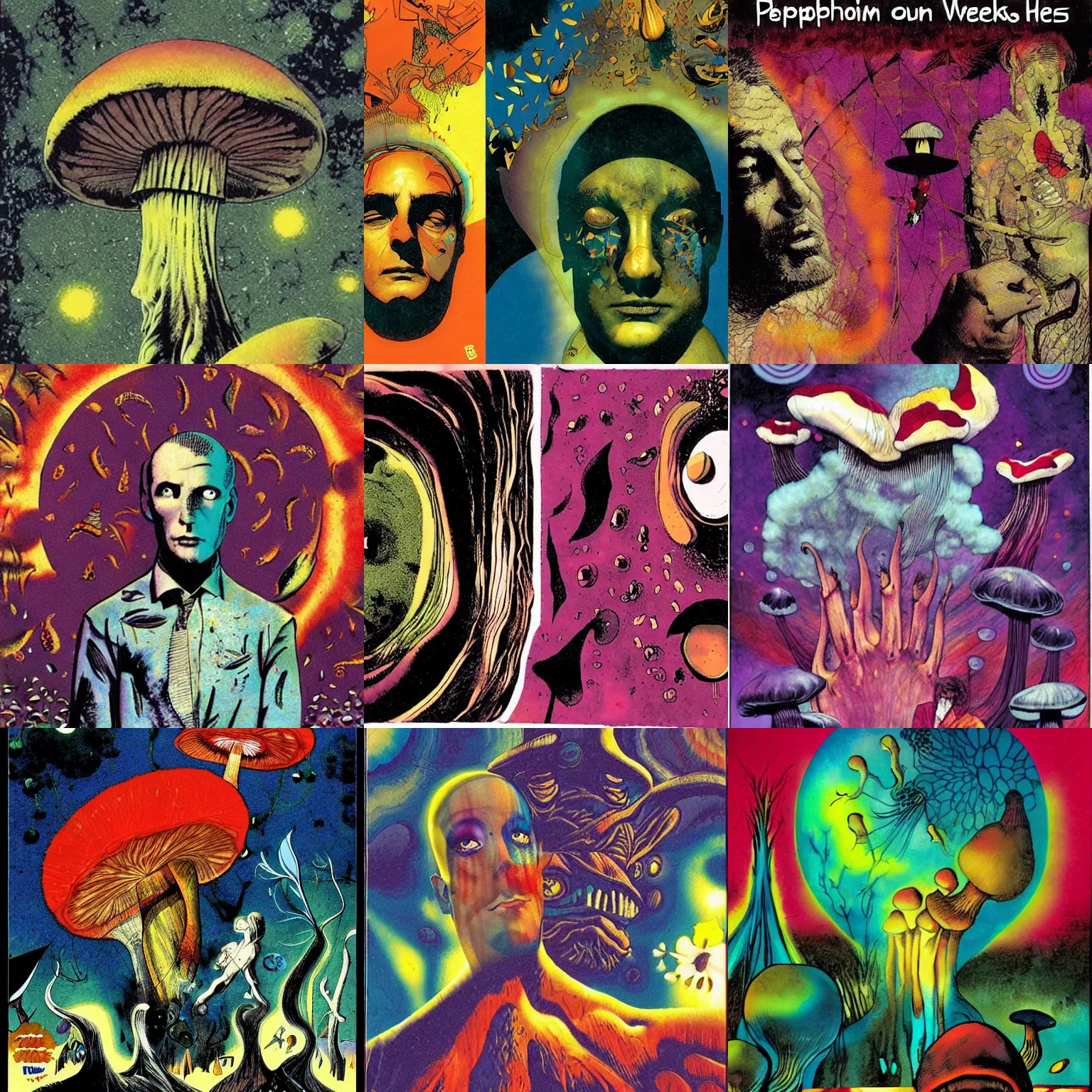 Prompt: psychedelic mushrooms dream, no fears, okay one fear, by dave mckean and dave gibbons