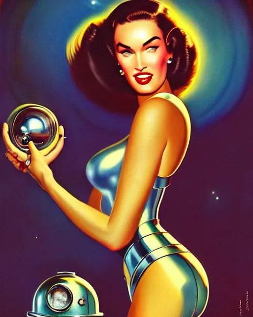 Image similar to closeup beautiful retro space megan fox varga girl, posing with a chrome robot in diesel punk city at night, windblown dark hair, seductive, hyper detailed, digital art, smooth, sharp focus, gil elvgren, anna dittmann alberto vargas, 1 9 5 0, when mars attacks