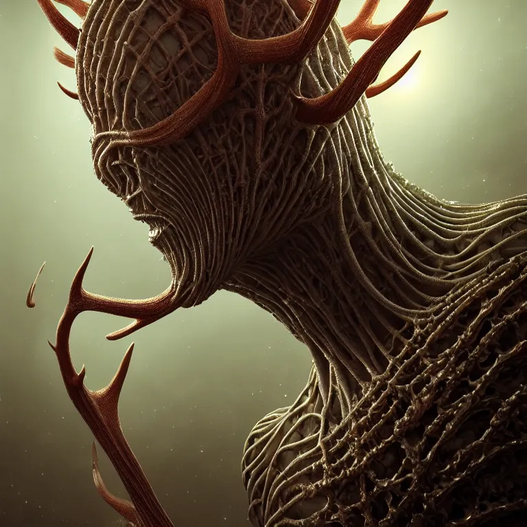 Prompt: portrait of transparent alien man with ribbed body, covered with twisted ribbed crooked antlers in wastelands on white exoplanet, baroque portrait painting, beautiful intricate insanely detailed octane render, artstation, 8 k artistic photography, photorealistic, volumetric perfect light, chiaroscuro, raphael, caravaggio, beksinski, rutkowski, giger