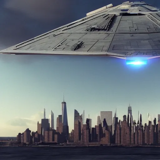 Image similar to 3 d point perspective, extreme long shot of the tip of an incommensurable imperial star destroyer hovering over the sky of new york city, tie fighters patrolling around, golden hour, deep depth of field, make all elements sharp, aerial view, 8 k, octane render, unreal 5, hyperrealistic, symmetrical, intricate digital art, photoshop, cgi art