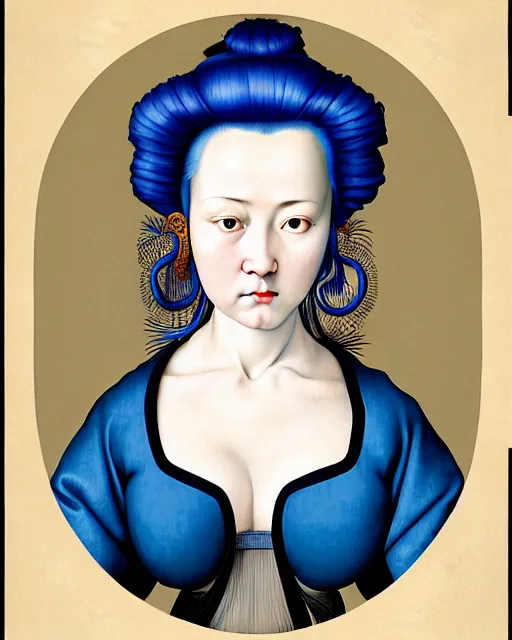 Prompt: photorealistic portrait of a woman with blue hair and big hair rollers, wearing a baggy pajamas, intricate details, highly detailed, in the style of rogier van der weyden and jacopo da pontormo, punk, asian art, masterpiece