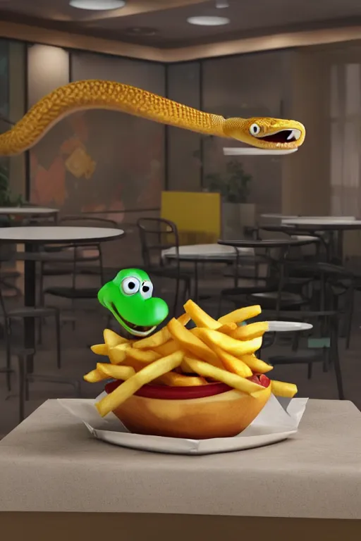 Image similar to a very detailed 3d rendered snake eating french fries in a mc donalds commercial, 4k sharp, 3d render , cinema4d by Beeple and pixar