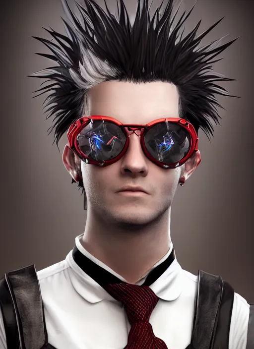 Image similar to An epic fantasy comic book style portrait painting of young man with long red spiked hair. Wearing a black waistcoat, white shirt, using googles. Rockstar. Blasting fire on his hands. Unreal 5, DAZ, hyperrealistic, octane render, cosplay, RPG portrait, dynamic lighting